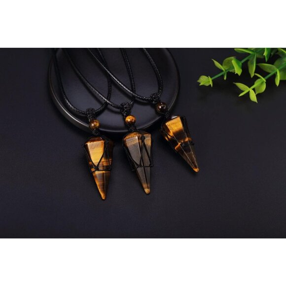 Men's Adjustable Black Rope Healing Crystal Natural Gemstone Pointed Pendant - Picture 6 of 7